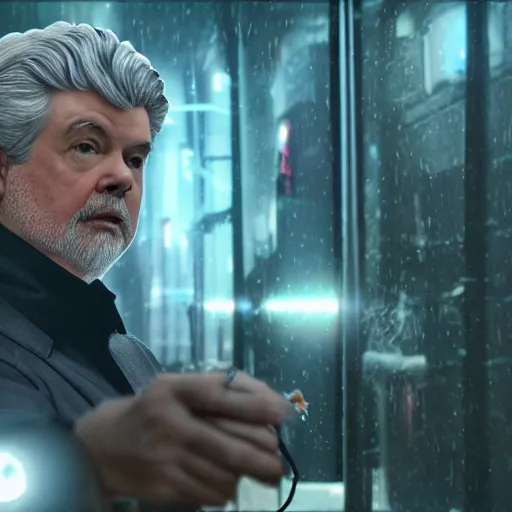 Image similar to george lucas as a cyborg in cyperpunk 2 0 7 7, promo material, movie still, cinematic, photorealistic, extreme detail, sharp focus, 8 k, rain, close up, anamorphic lens, lighting, dark, dystopian, cigarette,