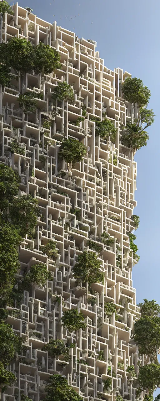 Prompt: single tower, golden gardens of babylon tower, beige stone color palette, sacred ancient architecture, hanging gardens on the balconies, modular cascading highrise, next to mountains and river with lush palm forest, zaha hadid, sunlight, eye - level view, post - production, octane, cgi, sfx