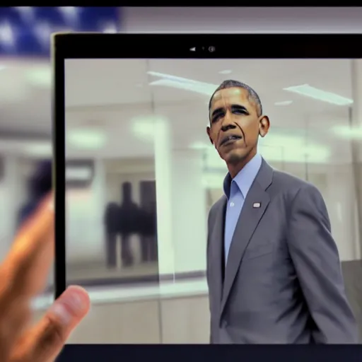 Image similar to Security Footage of Obama in a Bank, 40nm, shallow depth of field, split lighting, 4k,