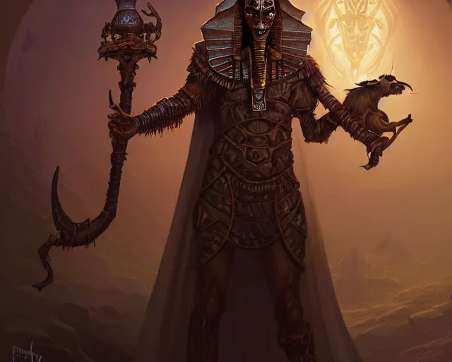 Image similar to an undead desert lich pharaoh, holding a goat head staff, egyptian, beetle, deep focus, d & d, fantasy, intricate, elegant, highly detailed, digital painting, artstation, concept art, matte, sharp, illustration, hearthstone, art by artgerm and greg rutkowski and alphonse mucha