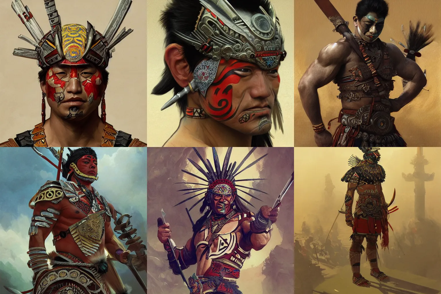 Prompt: Shinzo Abe as an Aztec warrior, athletic , face paint, muscular, intricate, highly detailed, digital painting, artstation, concept art, sharp focus, illustration, art by greg rutkowski and alphonse mucha