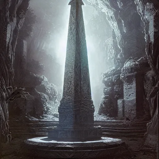 Image similar to giant stone obelisk, intricate detailed glowing engravings, D&D, Magic The Gathering, by Craig Mullins, ornate, amazonian forest, volumetric lighting