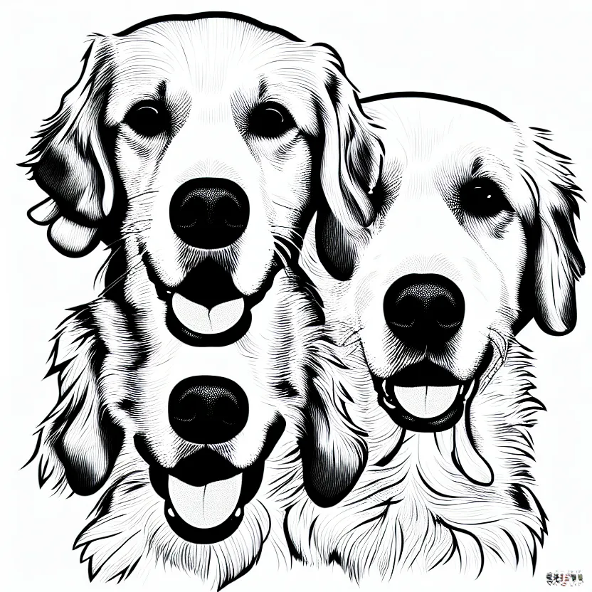 Image similar to full golden retriever portrait, white background, line art cartoon