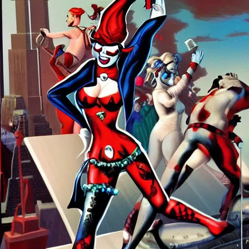 Prompt: MBS dressed as Harley Quinn decapitating the Statue of Liberty art panel by alex ross deviant art style frame
