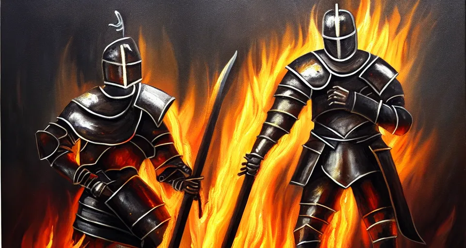 Image similar to An oil painting of a knight in dark metal armor wielding a flaming sword