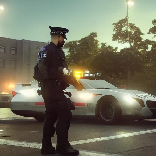 Image similar to police, 8 k uhd, unreal engine, reflected chrome octane render in the artstyle of greg rutkowski