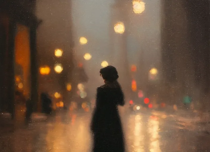 Prompt: detailed portrait of a woman in the city street at night, bokeh, long exposure, painting by jeremy lipking christopher doyle