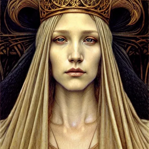 Prompt: detailed realistic beautiful young medieval queen face portrait by jean delville and marco mazzoni, art nouveau, symbolist, visionary, gothic, pre - raphaelite