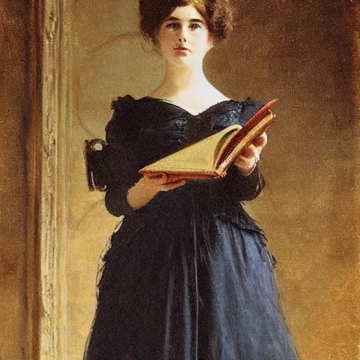 Image similar to young victorian lady in ball gown, absent - minded, holding a book, high hand detail!, painted by alfred stevens