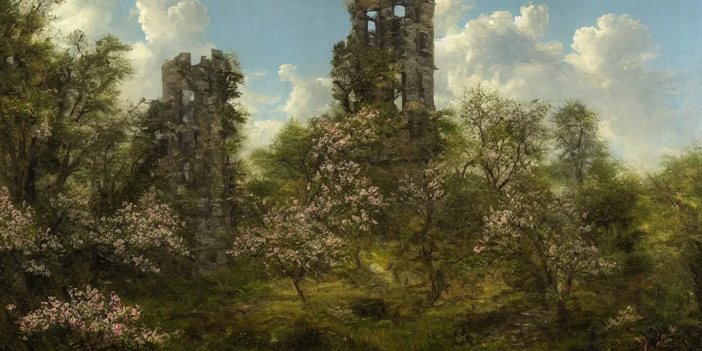 Image similar to Art of The cinematic view of The overgrown ruins of a stone tower amidst a forest of flowering trees by Rip Van Winkle