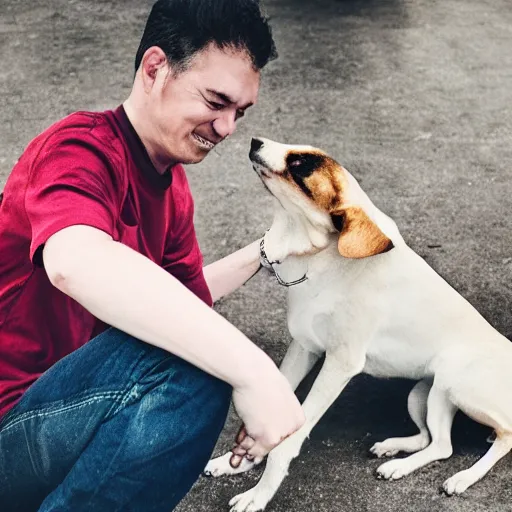 Image similar to [ selfie ]!!! of a man [ caressing a dog ]!!, trending on unsplash, 4 k photorealism, intricately detailed