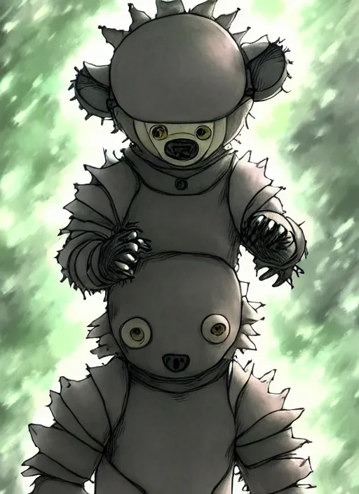 Image similar to beautiful little boy wearing an cyborg bear suit, artwork in kentaro miura and made in abyss and rosdraws, smooth, beautiful lightness, anatomically correct, trending on pixiv, forest