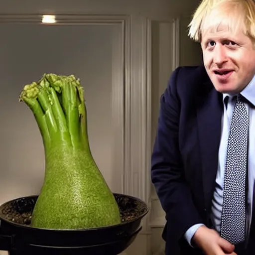 Image similar to a photo of boris johnson on tv showing everyone the turnip he found