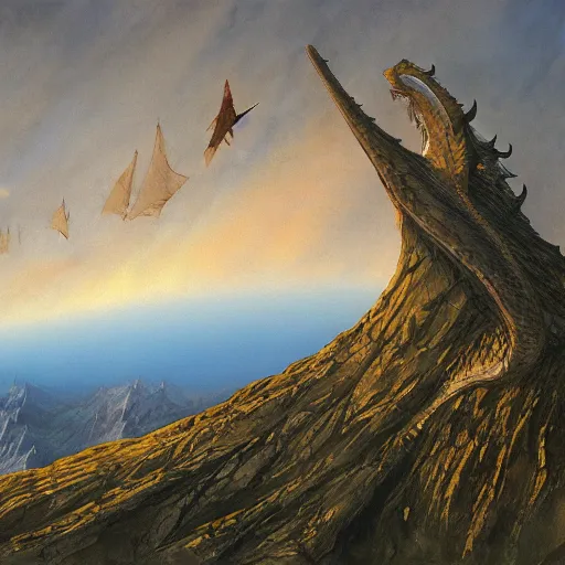 Image similar to dragons circling a tall mountain spire, by john howe