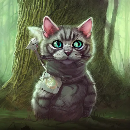 Prompt: portrait of a grey american shorthair cat as teemo from league of legends, digital painting, dystopian forest background by marc simonetti, artwork by ross tran + ramond swanland + liam wong