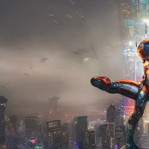 Image similar to A hyperdetailed photograph of a silver suit Iron Man flying through the skies of a cyberpunk, futuristic city, night, dense fog, rain, HD, 8K resolution