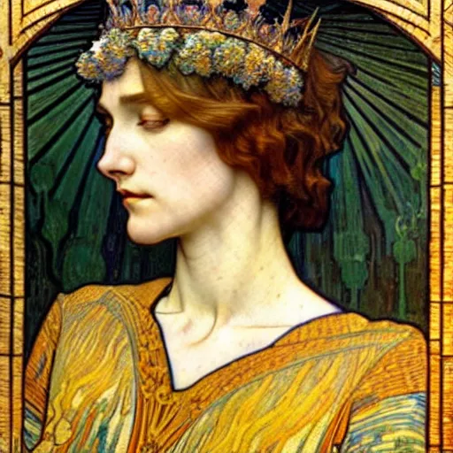 Image similar to detailed realistic beautiful young medieval queen face portrait by jean delville, alphonse mucha, vincent van gogh, and marco mazzoni, art nouveau, symbolist, visionary, gothic, pre - raphaelite