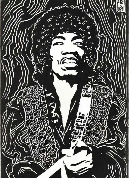 Prompt: jimi hendrix sillhouete, japanese woodblock style, taoist cosmology,