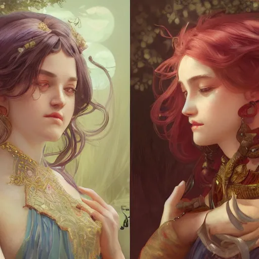 Image similar to portrait of Rem & Ram as actual girls, D&D, fantasy, intricate, elegant, highly detailed, digital painting, artstation, concept art, smooth, sharp focus, illustration, art by artgerm and greg rutkowski and alphonse mucha