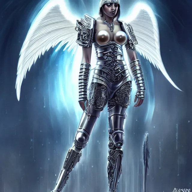 Image similar to beautiful!! futuristic cyberpunk angel warrior with ornate slick pearl armor and robes artgerm anne stokes highly detailed 8 k hdr smooth sharp focus high resolution award - winning photo photorealistic