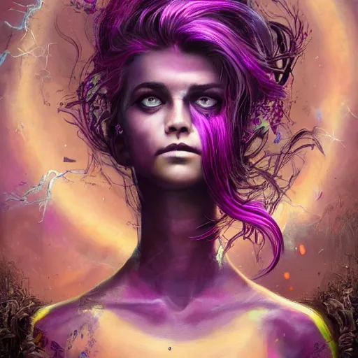 Image similar to detailed photo portrait of a furious teen girl with thin, hair-like purple tentacles on her head and bright purple eyes, 8k,by tristan eaton, Stanley Artgermm,Tom Bagshaw,Greg Rutkowski,Carne Griffiths,trending on DeviantArt, face enhance,hyper detailed ,full of colour, dramatic lightning