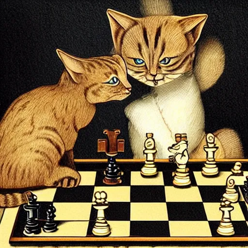 Image similar to two cats playing chess, in the style of Da Vinci