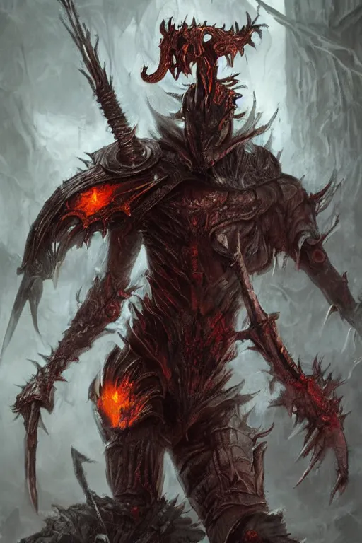 Image similar to undead flame knight with blade arms, digital art, trending on artstation, professional illustration by seb mckinnon, david romero, artgerm, ultra detailed, fantasy, unsettling, creepy, horror