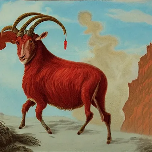 Prompt: highly detailed goat with a thousand horns blowing smoke on a red cliff with thunderstorm in the background