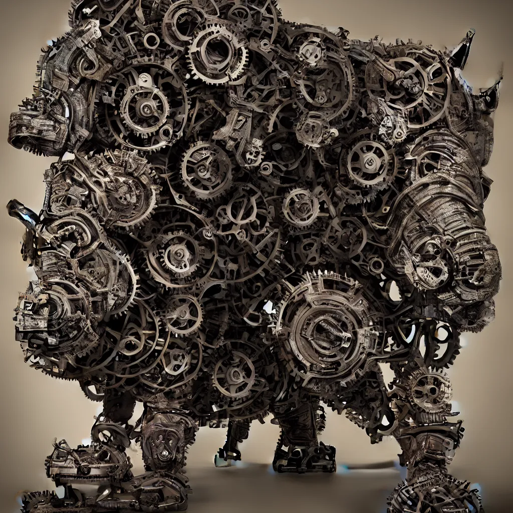 Prompt: portrait of a mechanical rhinoceros with gears, ornamental,photorealistic, wide angle, cinematic atmosphere, elaborate, highly detailed, ornate, shiny, dramatic lighting, octane render,