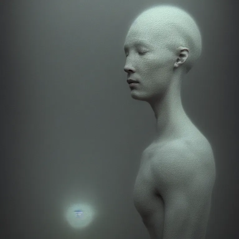 Image similar to portrait of ribbed alien wearing white ribbed vr headset, by beksinski, soft bloom lucid dream - like ethereal dark atmosphere, baroque portrait painting, perfect composition, intricate detailed octane render trending on artstation, 8 k artistic photography, volumetric cinematic perfect light, chiaroscuro, masterpiece, raphael, caravaggio, rutkowski, beeple, bosch