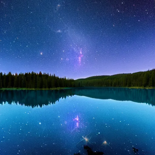 Prompt: nebula above a clear blue lake in the middle of an evergreen forest at dawn