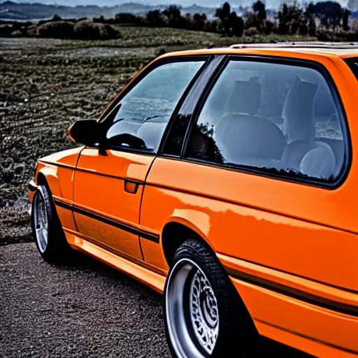 Image similar to orange bmw e 3 0 m 3 floating in space