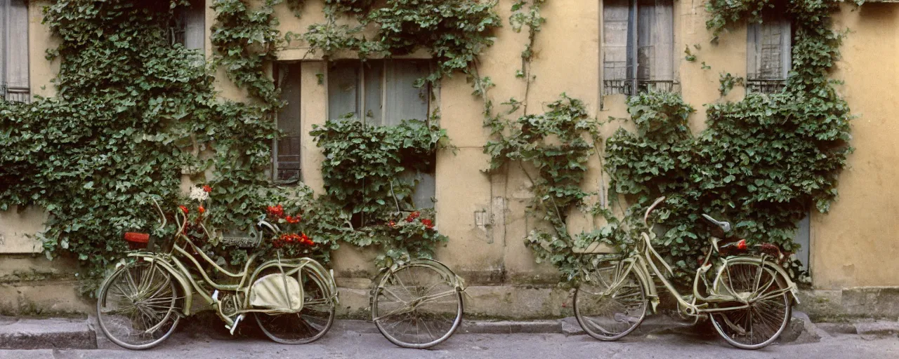 Image similar to spaghetti growing on ivy on a parisian side street, 1 9 5 0 s, canon 5 0 mm, bicycle, kodachrome, in the style of wes anderson, retro