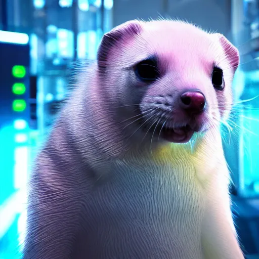 Image similar to neon fluorescent, iridescent cute ferrets cyperpunk 2 0 7 7, unreal engine 5, 8 k ultra realistic, hyperdetailed, volumetric lighting, extremely high quality