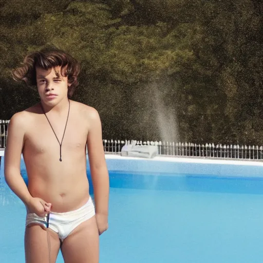 Image similar to young harry styles standing on a diving board above a pool, red weapon 8 k s 3 5, cooke anamorphic / i lenses, highly detailed, cinematic lighting