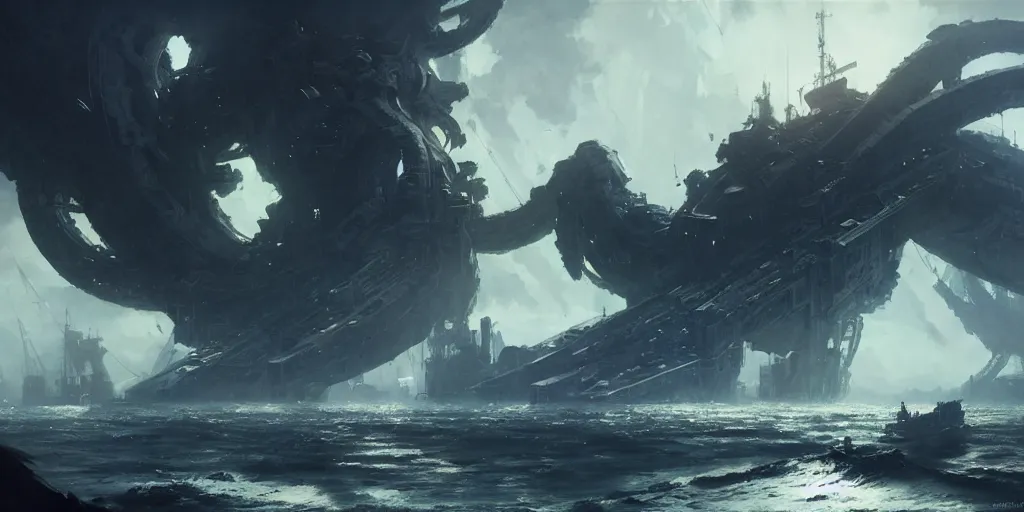 Image similar to A large ship armada is getting destroyed by a giant kraken monster. In style of Yoji Shinkawa and Hyung-tae Kim, trending on ArtStation, Greg Rutkowski, dark fantasy, great composition, concept art, highly detailed, scenery.