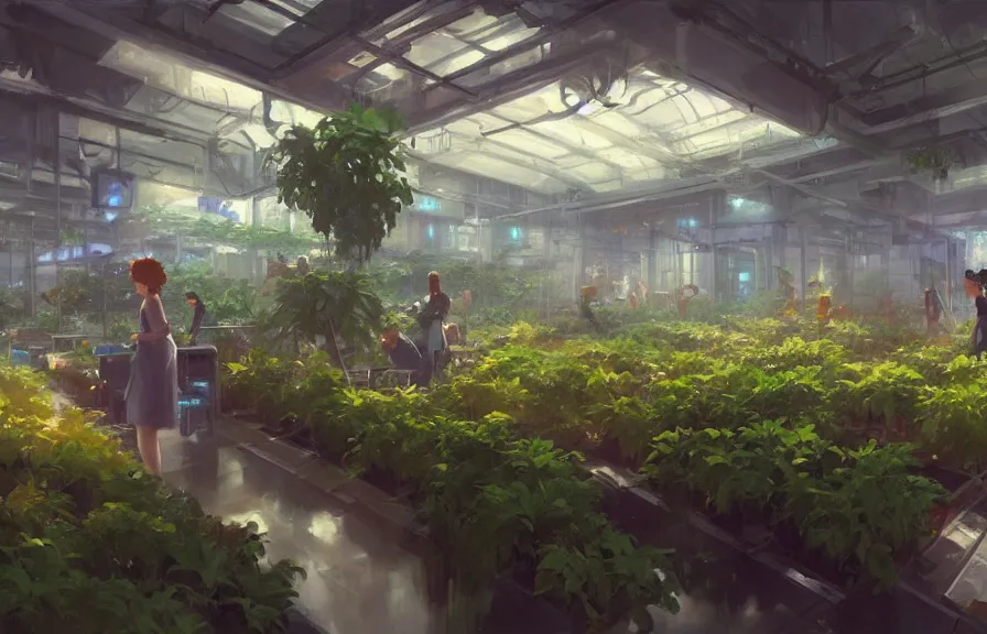 Prompt: greg manchess concept art of a lush indoor hydroponics lab in a far - future utopian city, key visual, ambient lighting, highly detailed, digital painting, artstation, concept art, sharp focus, by makoto shinkai and akihiko yoshida and hidari and wlop