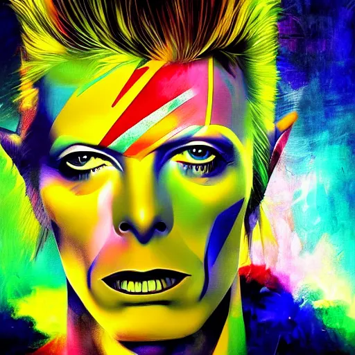 Image similar to beautiful portrait of David Bowie, colorful and vivid, many details, high contrast, 4K, 2D cyberpunk, Renato Muccillo