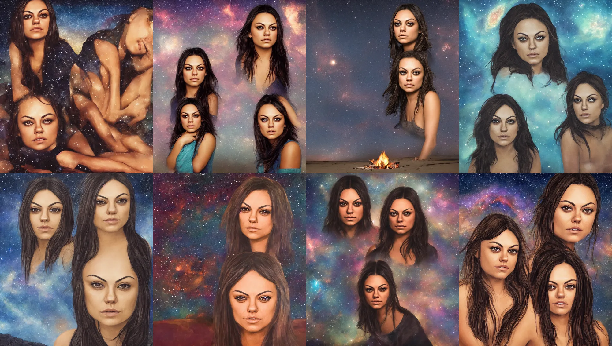 Prompt: face portrait of mila kunis sitting next to a beach campfire at night, stars, nebula