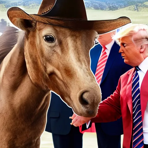 Image similar to Donald Trump dressed as a cowboy next to a horse, very detailed, sharp, 2d, 4k