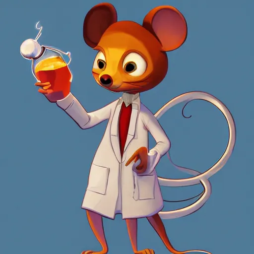 Image similar to anthropomorphic mouse in the lab coat catsing fireball, pixar style, concept art, character turnaround, trending on artstation, childrens illustrated storybook, by jay naylor, alphonse mucha and cory loftis and matthias lechner