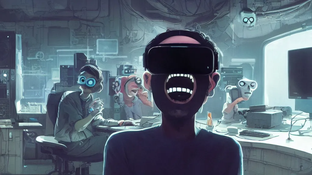 Prompt: happy hacker at a computer in a vr mask in a scifi movie, by jamie hewlett, nuri iyem, james gurney, james jean, greg rutkowski, anato finnstark. pixar. hyper detailed, 5 0 mm, perfect faces