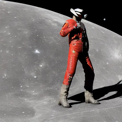 Image similar to apollo 8 cowboy earthrise cowboy in cowboy space, octane render, blender render, unreal engine, 3 5 mm, cowboy