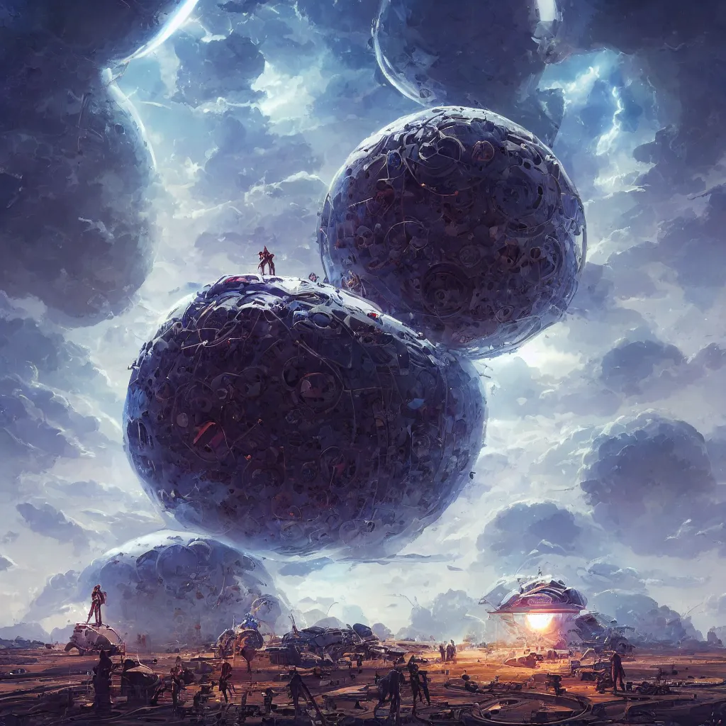 Image similar to dyson sphere program, by greg rutkowski, by rhads, by jesper ejsing, so many wires, sharp focus, man standing, colony, atom, crowd, steam punk, blue space ship in sky, astronaut, earthquake