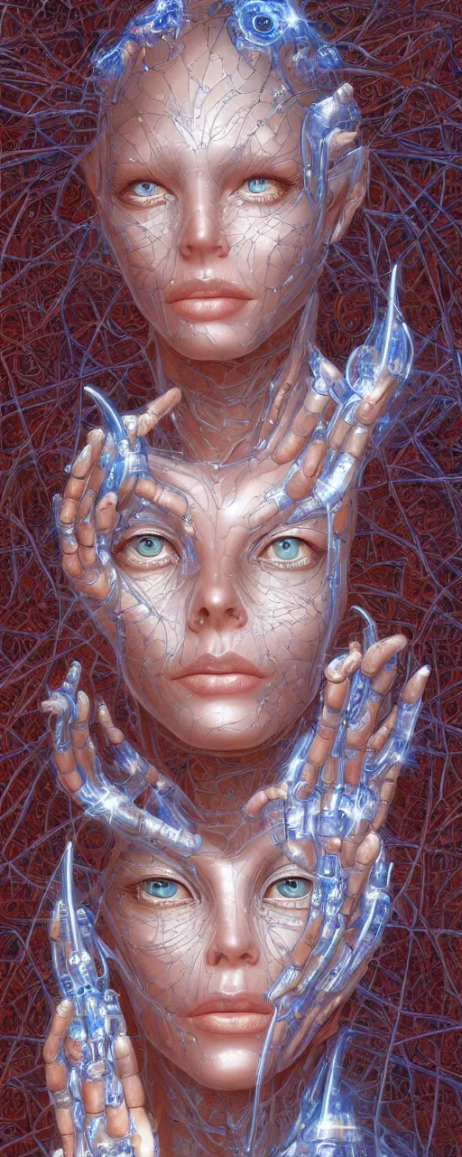 Prompt: a robotic goddess with transparent skin, highly detailed, digital painting, smooth, sharp, beautiful face, expressive eyes, highly intricate, art by Boris Vallejo and alex gray