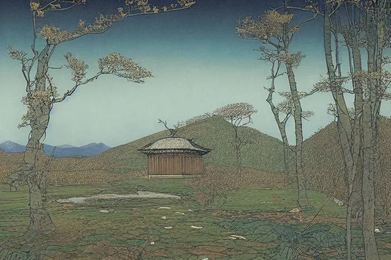 Prompt: a serene landscape by Ivan Bilibin and Zhang Kechun