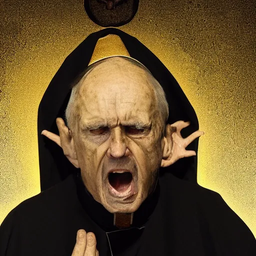 Prompt: A terrified old catholic priest in black garb kneeled on a stone floor in passionate prayer seen from above. His eyes are wide open with fear. Ominous dramatic yellow lighting. Award-winning digital art, trending on ArtStation