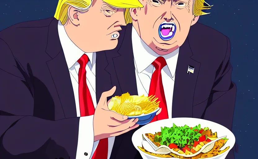 Image similar to beautiful makoto shinkai anime style digital film still portrait of donald trump eating a taco bowl, 4 k, 8 k, hd, high resolution, highly detailed, intricate detail, ultra realistic faces, digital art, trending on artstation, your name, weathering with you