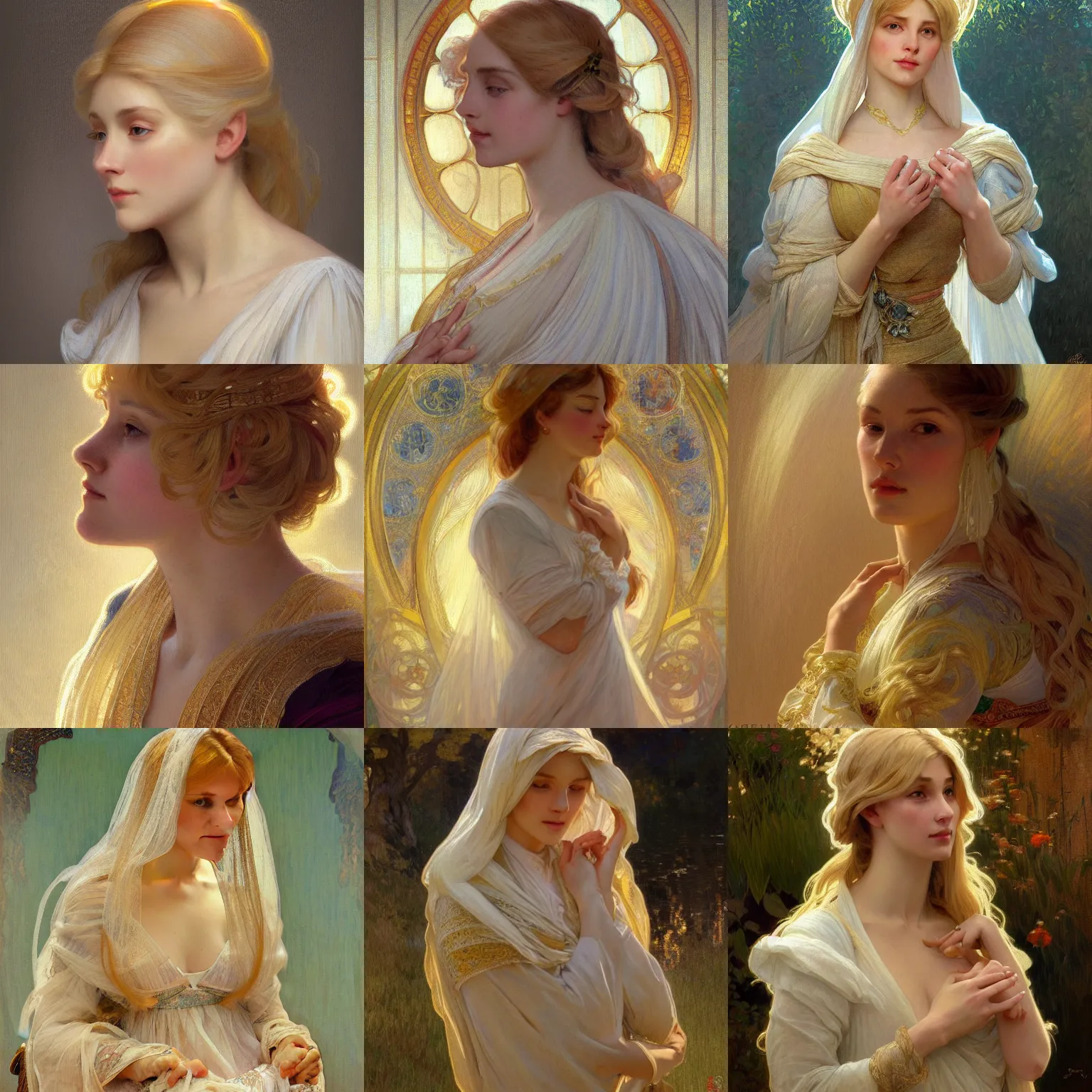 Prompt: painted portrait of a modest wife blessed by god with ever - increasing intelligence beauty and virtue. blonde, clothed holy body, light effect. feminine, powerful, in clothes! intricate, elegant, highly detailed, digital painting, artstation, concept art, smooth, sharp focus, illustration, art by gaston bussiere and alphonse mucha