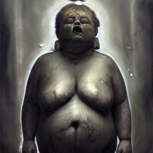 Image similar to portrait of the face of fat old sumoringer as despair from sandman, venus of willendorf, by jeremy mann, by gregory crewdson, by bastien lecouffe deharme, by russ mills, sad face, topknot, black hair, mourning, black eyes, white room, soft lightning, high detailed, 8 k
